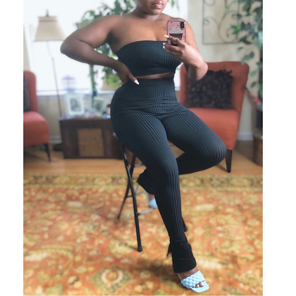 SJ Style Womens Two Piece Black Crop Bandeau and Pants Set